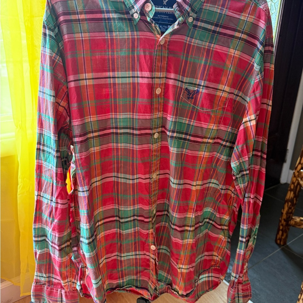 American Eagle Men’s XL Plaid Button-Down Shirt – Coral Teal Classic Fit